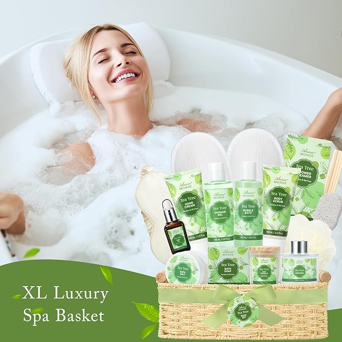 Spa Gift Basket - Tea Tree Bath Set With Shower Gel, Bubble Bath, Hand Cream, Soap, Salt, Essential Oil - Luxury Body Gift Kit for Women-Velvo Beauty