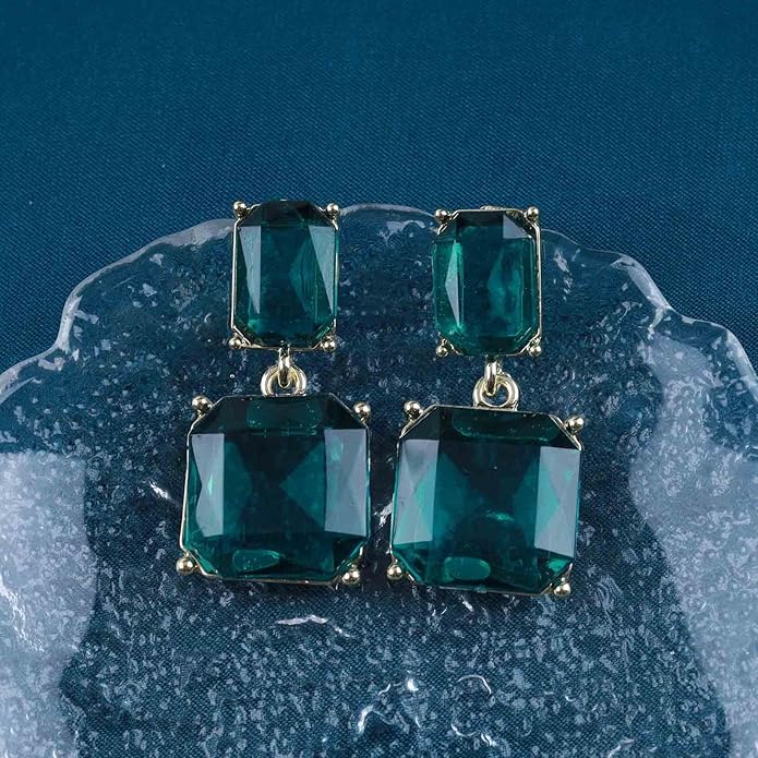 Vintage Emerald Square Earrings Green Emerald Drop Earrings Geometric Emerald Earrings Luxury Wedding Green Crystal Stud Earrings Jewelry for Women-Velvo Beauty