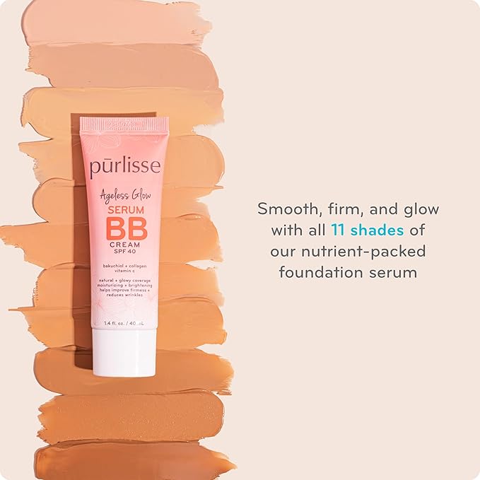 pūrlisse Ageless Glow Serum BB Cream SPF 40 - Glow BB Cream with SPF Enriched with Bakuchiol & Vitamin C to Help Improve Firmness & Reduce Wrinkles for Dewy Skin - Light Warm (1.4 oz)-Velvo Beauty