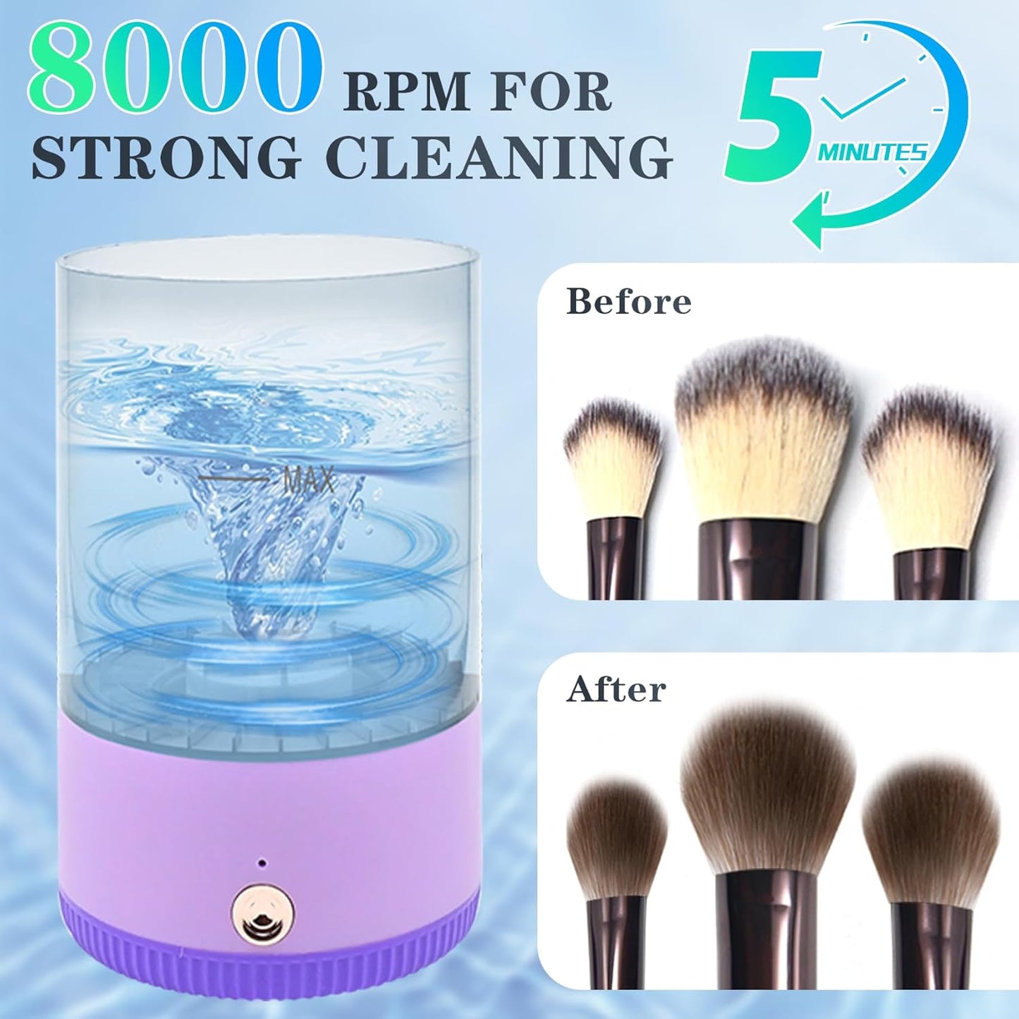Makeup Brush Cleaner,Low noise and 8000 RPM Electric Makeup Brush Cleaner Machine for Deep Cleaning,Automatic Spinning Cosmetic Brush Cleaner for All Size Makeup Brushes and Sponges(purple)-Velvo Beauty