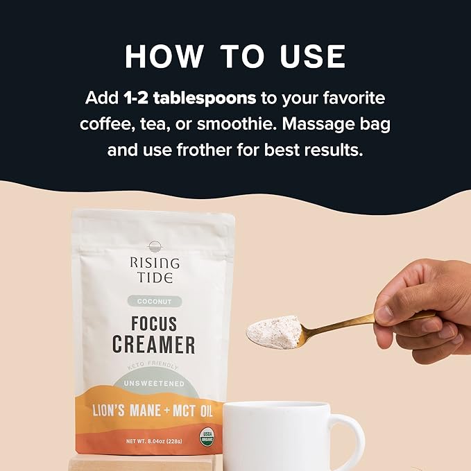 Rising Tide Organic Mushroom Superfood Creamer - Coconut Milk Powder, Lions Mane Mushrooms, & MCT Oil - Dairy Free, Unsweetened, Keto Friendly & Plant-Based - Only 4 Ingredients - Add to Coffee, Matcha or Smoothies-Velvo Beauty