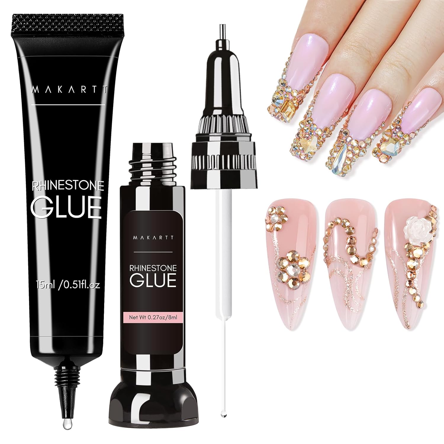 Makartt Nail Rhinestone Glue Set - Gel Nail Glue for Rhinestones, 3D Art Design Super Strong Adhesive for Charm Gems Jewel Crystal Beads Diamonds, 15ml & 8ml, Easy Use, Cured Need-Velvo Beauty