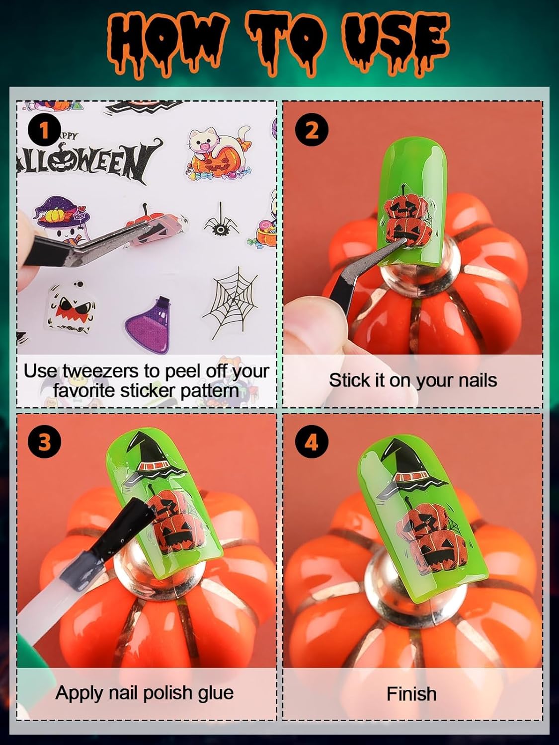 Halloween Nail Art Stickers Decals, Kalolary Self-Adhesive DIY Nail Sticker Decals 3D Design Nail Decorations for Halloween Party Include Pumpkin/Bat/Ghost/Witch(12 Sheets)-Velvo Beauty