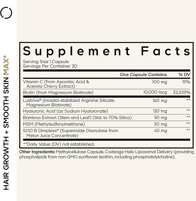 Codeage Hair Growth + Smooth Skin Max Vitamins Supplement - Patented Lustriva & SOD B Dimpless Superoxide Dismutase - Hair Growth Health Skin Cellulite Support - Biotin, Vitamin C, MSM - 30 Capsules-Velvo Beauty