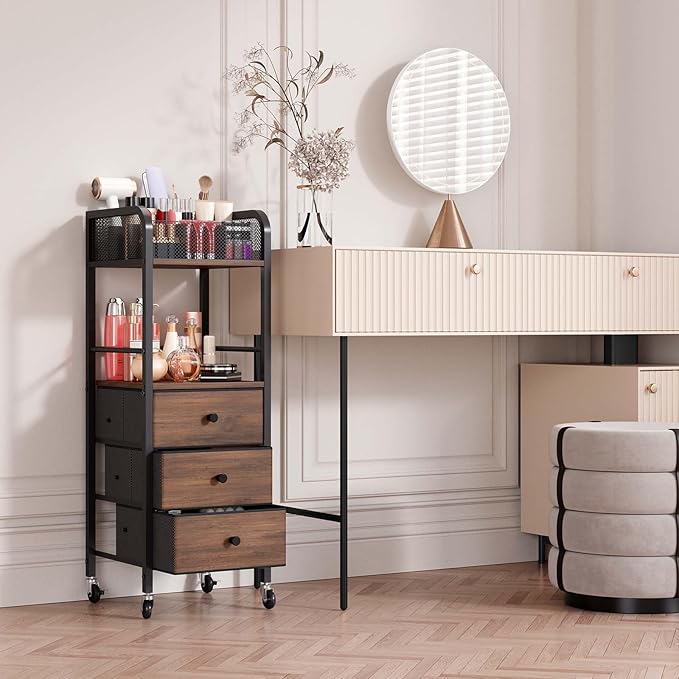 HapiRm Rolling Makeup Cart Organizer - Floor Skincare Make Up Storage with 3 Drawers, Vanity Organizer Cosmetic Display Cases Holder for Skin Care Perfume Nail Polish Brush Hair Tool-Velvo Beauty