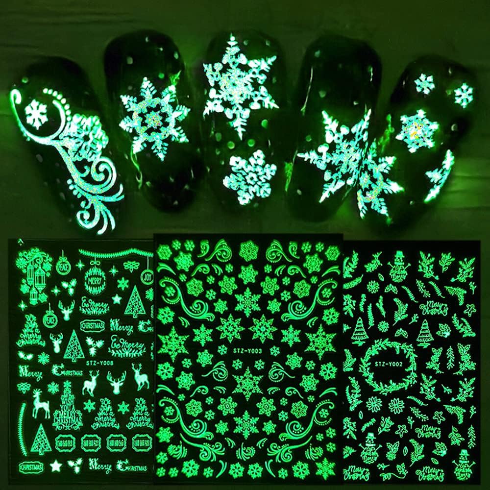 9 Sheets Christmas Glow in The Dark Nail Art Stickers Decals Self-Adhesive Pegatinas Uñas Navidad Winter Holiday Xmas Snowflake Nail Supplies Nail Art Design Decoration Accessories-Velvo Beauty