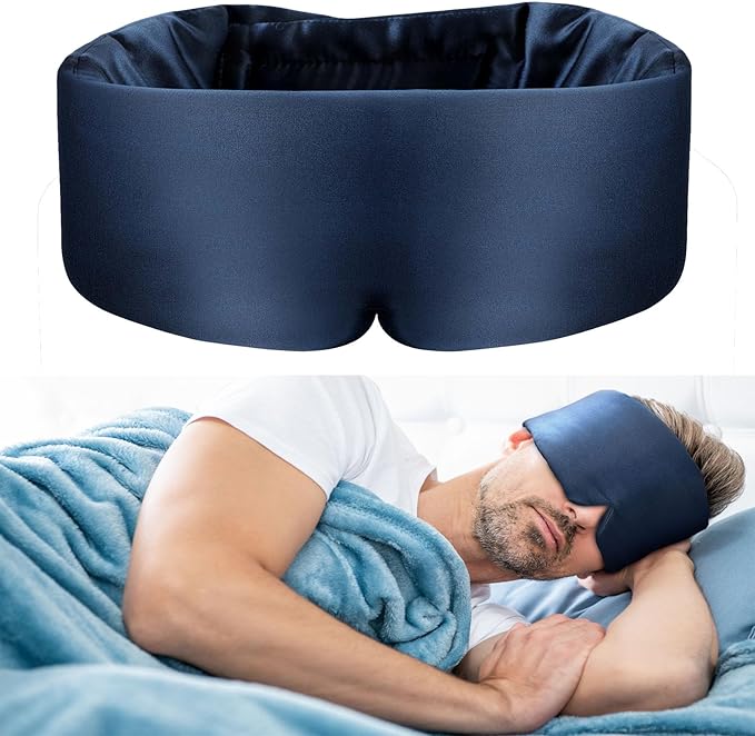 Nature Silk Sleeping Mask Soft Featherweight Eye Mask Large Wrap-Around Blindfold with Adjustable Velcro Blackout for Wild Sleeper Nose Cut (NavyBlue)-Velvo Beauty