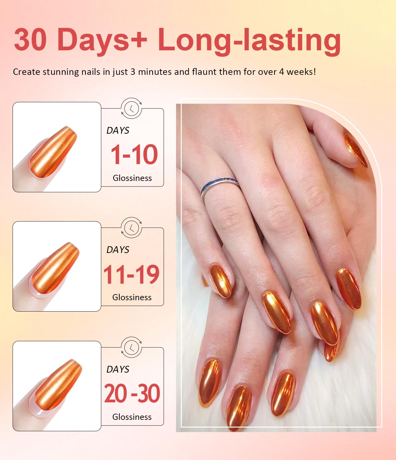 Pearl Chrome Nail Powder BISHENGYF -【Metallic Mirror Effect】 Orange Chrome Nail Powder White Clear Aurora Mermaid Iridescent Chrome Powder for Nails Pigment Glitter Dust for Manicure Decroation DIY-Velvo Beauty