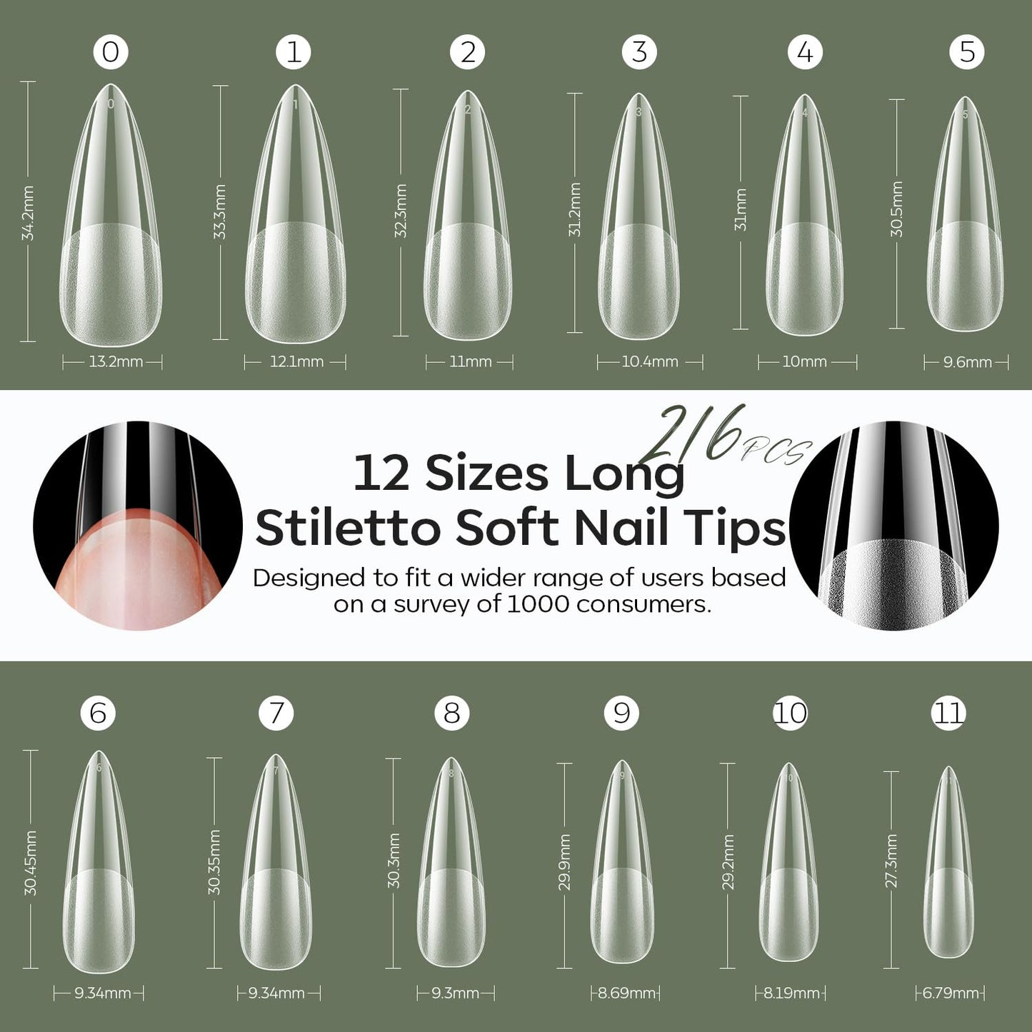 modelones Long Stiletto Nail Tips, Pre-shaped Soft Gel Tips Fake Nails False Acrylic Clear Full Cover Press on Extension Kit Gel Manicure DIY at Home 216PCS 12Sizes-Velvo Beauty