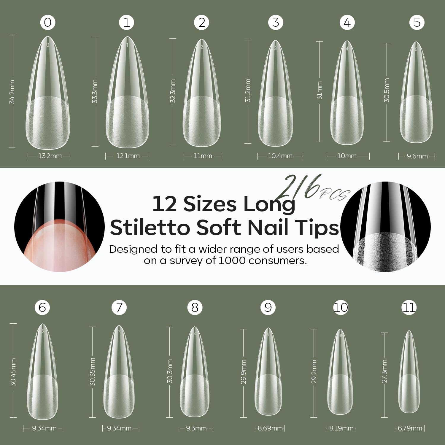 modelones Long Stiletto Nail Tips, Pre-shaped Soft Gel Tips Fake Nails False Acrylic Clear Full Cover Press on Extension Kit Gel Manicure DIY at Home 216PCS 12Sizes-Velvo Beauty