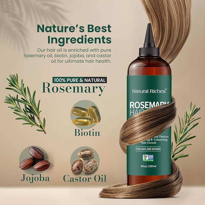 Natural Riches 100% Pure Premium Rosemary Oil For Hair Growth Infused With Biotin & Vitamin E Jojoba & Castor Oil Hair Strengthening Treatment | Nourishing & Volumizing | Non GMO Verified 8 Fl oz.-Velvo Beauty