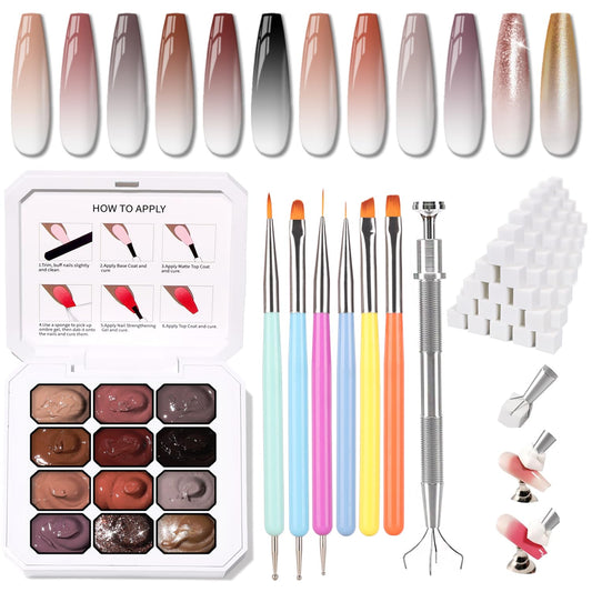 Sponge Pat Paint Nail Gel, Ombre Nails Gradient Gel Nail Blush Blooming Aura Nails Drawing Stripper Floral Painting DIY Nail Art, No Wipe, UV/LED Curing (12 Colors J)-Velvo Beauty