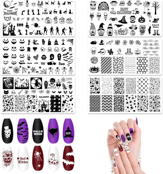 ALIBBON 6 Pcs Halloween Nail Stamping Plates Set, Halloween Background Nail Art Stamp Templates, Pumpkin Face Skeleton Stamp Templates Kit, Spider Web Ghost Metal Nail Plates for DIY Printing Decor-Velvo Beauty