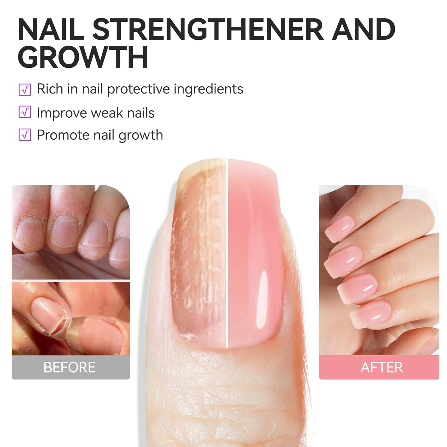 Nail Repair for Damaged NailsProtein: Pink 6 in 1 Natural Nail Strengthener and Growth - Long Lasting Nail Hardener Extra Strong and Growth - Nail Strengthener for Thin Nails and Growth-Velvo Beauty
