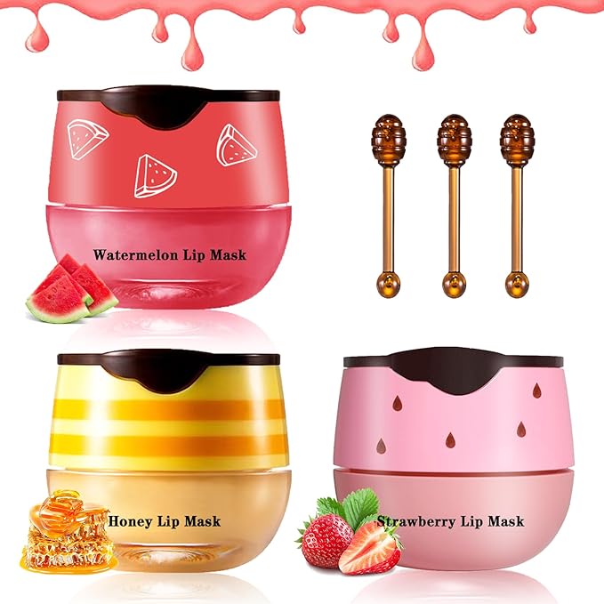 3PCS Bee Lip Balm Honey Pot Honey Strawberry Watermelon Lip Balm Sleeping Lip Mask Silky Hydrating Bee Lip Balm Honey Lip Mask Overnight Lip Care Products(Honey+Strawberry+Watermelon)-Velvo Beauty