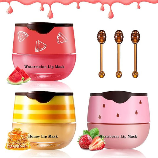 3PCS Bee Lip Balm Honey Pot Honey Strawberry Watermelon Lip Balm Sleeping Lip Mask Silky Hydrating Bee Lip Balm Honey Lip Mask Overnight Lip Care Products(Honey+Strawberry+Watermelon)-Velvo Beauty