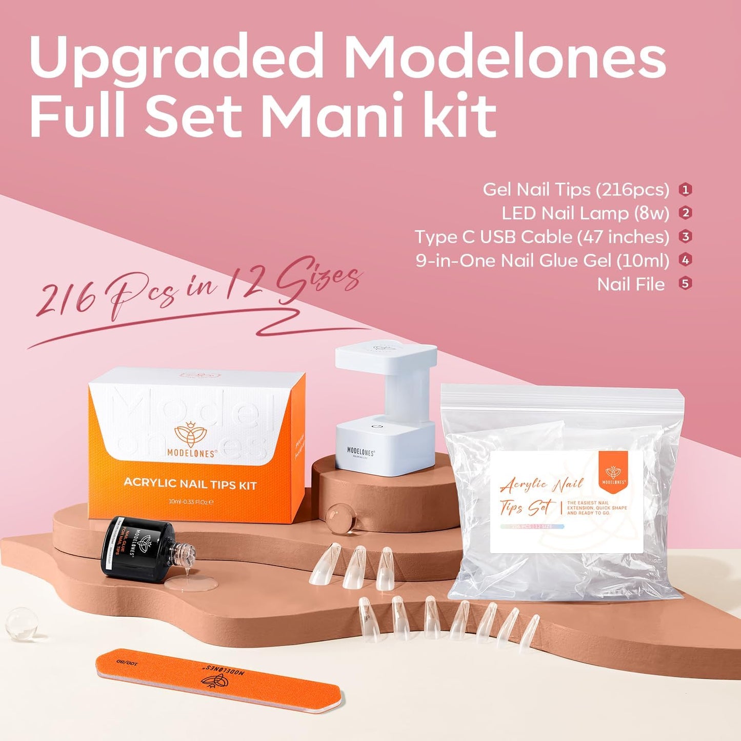 modelones Long Coffin Gel Nail Tips Kit, 9-in-One Nail Glue with Portable U V Lamp 216Pcs 12Sizes Pre-Etched Press ons Fake Acrylic Extension Kit DIY Salon Gift for Women-Velvo Beauty