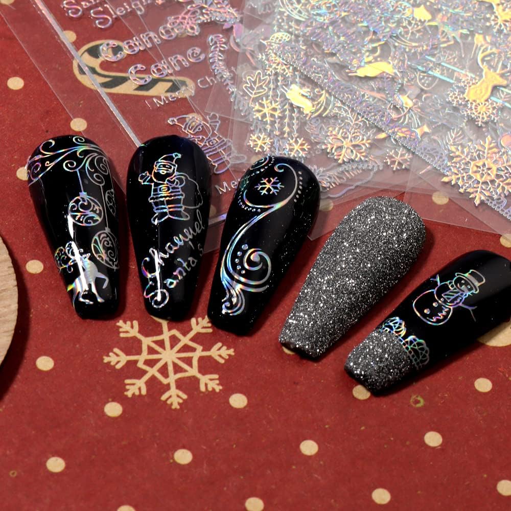 9 Sheets Aurora Christmas Nail Art Stickers Decals Self-Adhesive Pegatinas Uñas Glitter Rose Gold Snowflakes Winter Nail Supplies Nail Art Design Decoration Accessories-Velvo Beauty