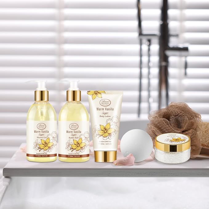 Bath and Body Warm Vanilla Sugar Spa Gifts for Women, with Shower Gel, Bubble Bath, Body Lotion, Bath Bomb, Bath Salt, Spa Basket Gift Set for Women, 7pcs Set Gifts-Velvo Beauty