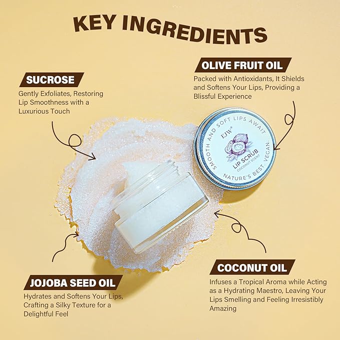 Coconut Lip Scrub - Gentle Exfoliation & Conditioning for Chapped Lips - 0.53oz Sugar Vegan Polish-Velvo Beauty