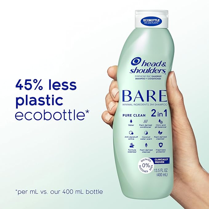 Head & Shoulders BARE 2-in-1 Dandruff Shampoo And Conditioner Twin Pack, Pure Clean, Sulfate-Free, Silicone-Free, Dye-Free, Eco-Friendly Bottles, Safe for All Hair Types, 13.5 Fl Oz Each (Set of 2)-Velvo Beauty