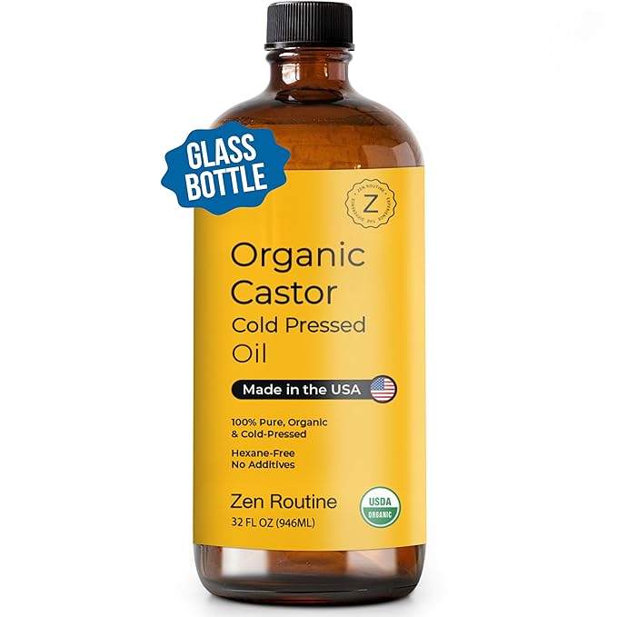 Zen Routine Organic Castor Oil (BIG Glass Bottle - 32oz) Hexane Free – Hair Growth Oil, Eye Lashes & Stomach – Pure 100% Cold Pressed Unrefined Oil for Castor Pack – USDA Certified, Made in the USA-Velvo Beauty
