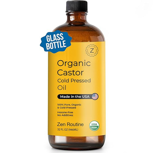 Zen Routine Organic Castor Oil (BIG Glass Bottle - 32oz) Hexane Free – Hair Growth Oil, Eye Lashes & Stomach – Pure 100% Cold Pressed Unrefined Oil for Castor Pack – USDA Certified, Made in the USA-Velvo Beauty
