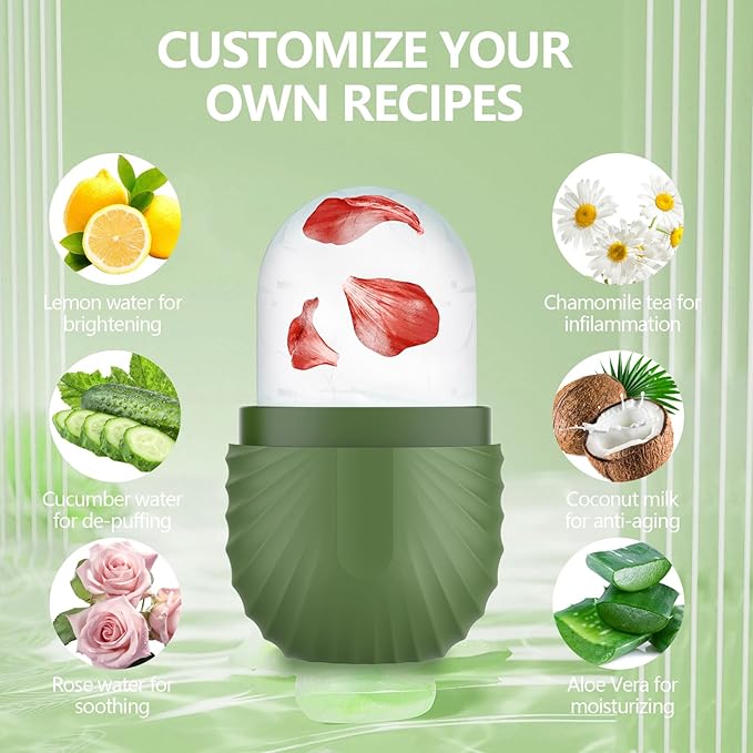 Ice Roller for Face and Eye, Silicone Ice Facial Roller Ice Holder, Face Ice Mold Skin Care, Face Icers Reusable Ice Cube Roller for Shrink Pores Anti Wrinkle Reduce Puffiness, Green-Velvo Beauty