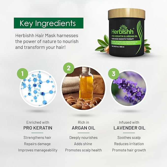 Herbishh Argan Hair Mask-Deep Conditioning & Hydration For Healthier Looking Hair- for very Dry, Weak, Stressed Out Hair, No Sulphates, No Parabens (800ML)-Velvo Beauty