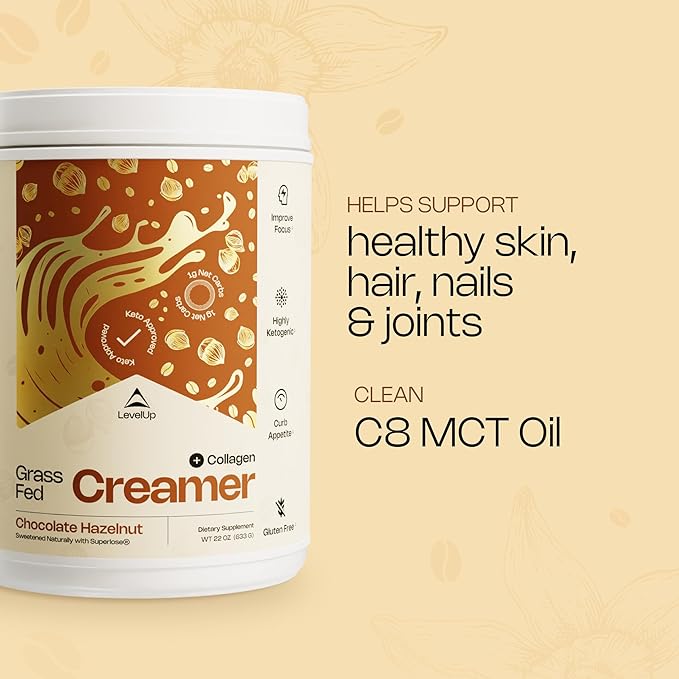 LevelUp Creamer, with Energizing MCT Oil and Collagen Peptides, Keto Coffee Creamer, Supports Natural Energy & Ketone Production - Chocolate Hazelnut, 22 oz-Velvo Beauty