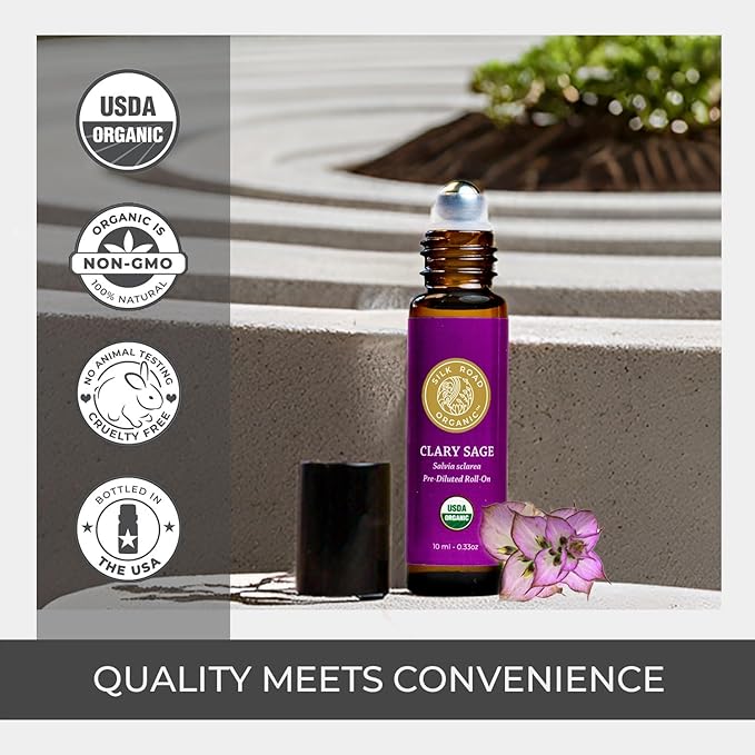 Silk Road Organic Clary Sage Essential Oil Roll On, 100% Pure USDA Certified Aromatherapy for PMS, Stress & Mental Clarity - 10 ml Roller - Always Pure, Always Organic-Velvo Beauty