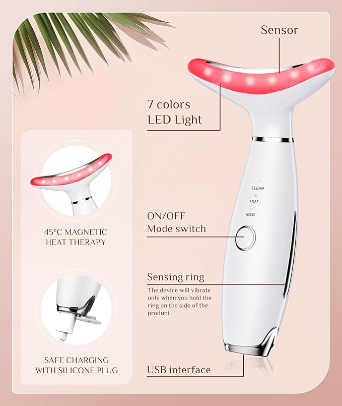7 Color Galvanic Machines - Red Light Therapy for Face and Neck, Face Massager Tool for Wrinkles, Double Chin, Vibrating Facial Massager with Thermals, White-Velvo Beauty