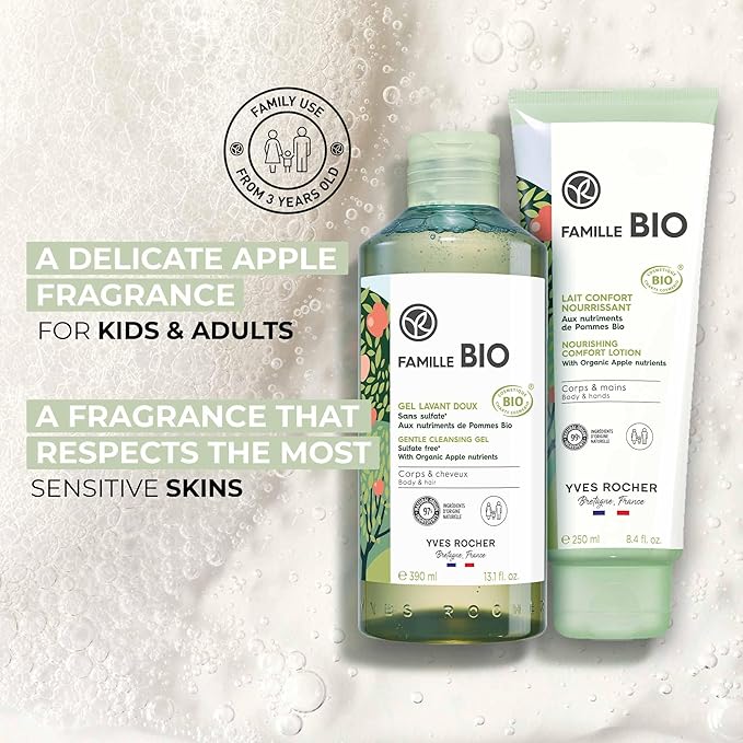 Yves Rocher Famille BIO Organic Cleansing Gel & Nourishing Comfort Milk Gift Set, Includes Vanity Bag, Apple Extract Botanical Formula, Organic Skin Care Products for Kids & Families-Velvo Beauty