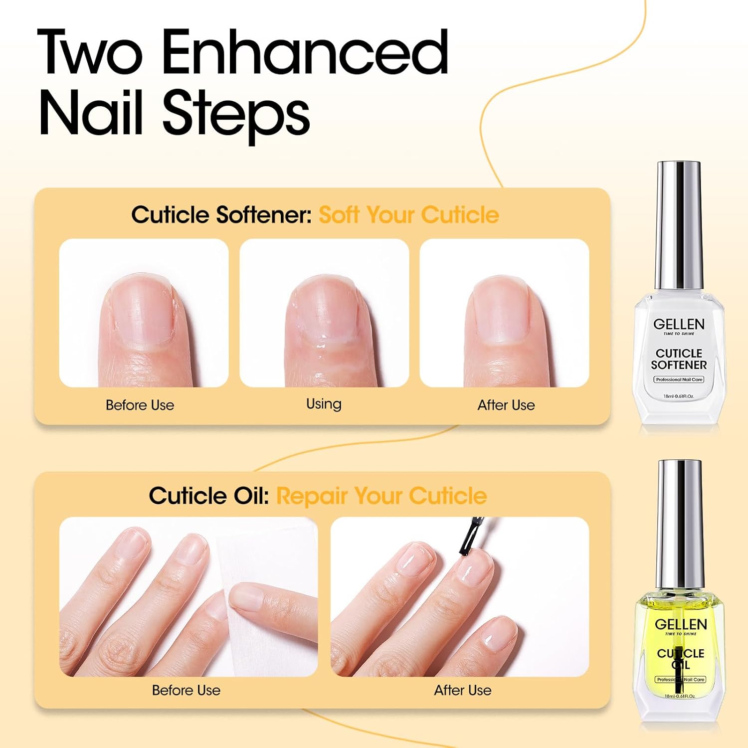 Gellen Cuticle Oil & Softener for Nails, 2 Pcs 18ml Cuticle Remover & Strengthener, Nail Cuticle Protector, 2 in 1 Nail Care Kit for Cuticle Removing & Repairng Manicure Essentials for Gel Nail Polish-Velvo Beauty