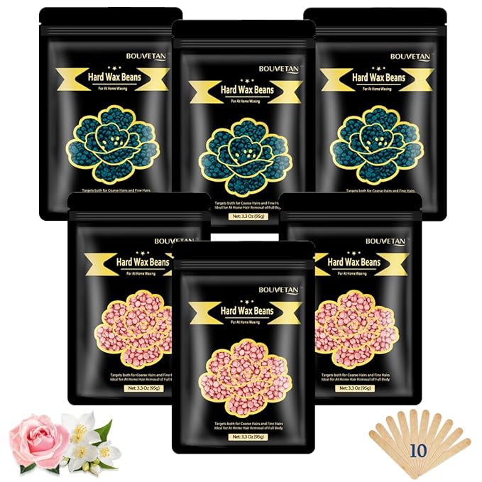 Wax Beads for Hair Removal, Bouvetan 1.3Lb/21oz Hard Waxing Beads for Brazilian Waxing, Waxing Beads for Eyebrow, Face, Bikini, Legs, Arms for Women Men Hair Removal with 10pcs Spatulas, 6 Packs-Velvo Beauty