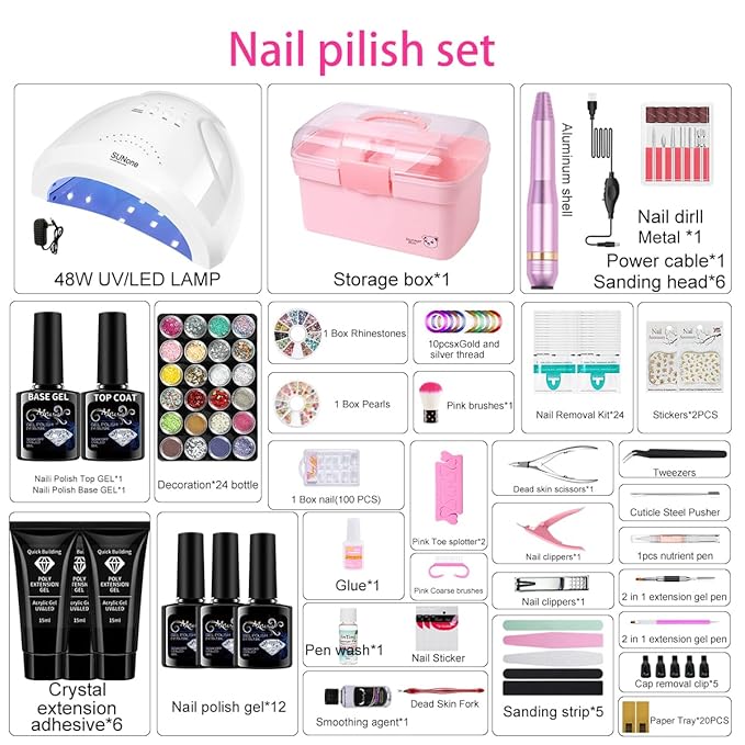 Gel Nail Polish Kit for Women with 6 Colors Extension Poly Nail Gel set, 48W UV Lamp, 12pcs nail polish set with Base Coat and Top coat,Professional Manicure Tool for Home DIY Salon-Velvo Beauty