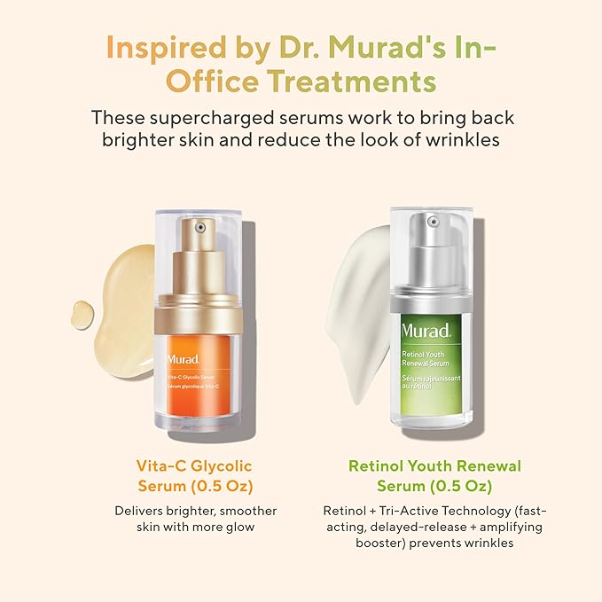 Murad AM/PM Super Serums - 2-Piece Trial Kit ($95 Value) - Retinol and Vitamin C Serum - Vita-C Glycolic Serum 0.5Fl Oz, Retinol Serum 0.5Fl Oz-Velvo Beauty