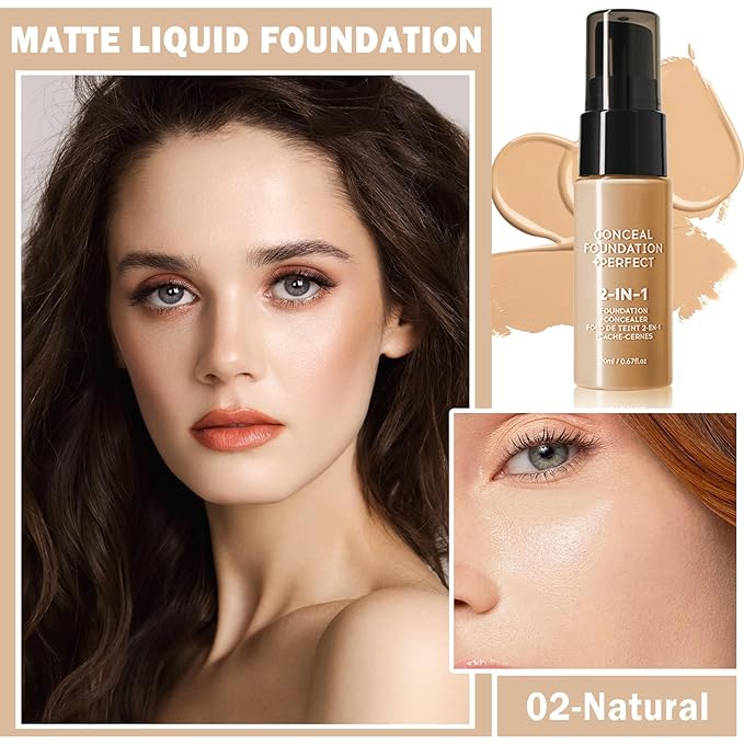 Concealer Full Coverage Foundation for Mature Skin,Oil Control Matte 2 in 1 Concealer liquid Foundation Makeup Waterproof Base De Maquillaje Alta Cobertura-02 Natural-Velvo Beauty