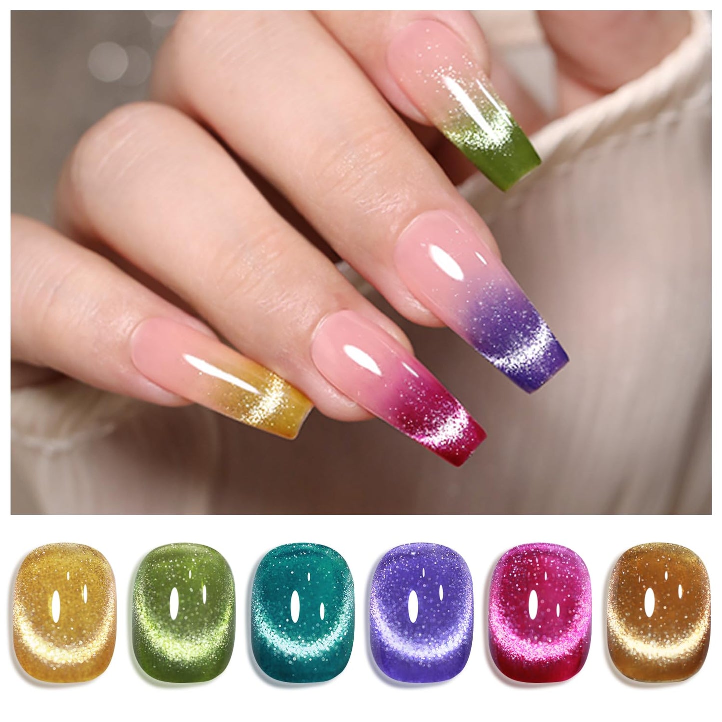 Double Rhythm 6 Colors Cat Eye Gel Polish Set Shimmer Glitter with Magnet Holographic Reflective Magnetic UV Nail Art Kit (6-Kit 23)-Velvo Beauty