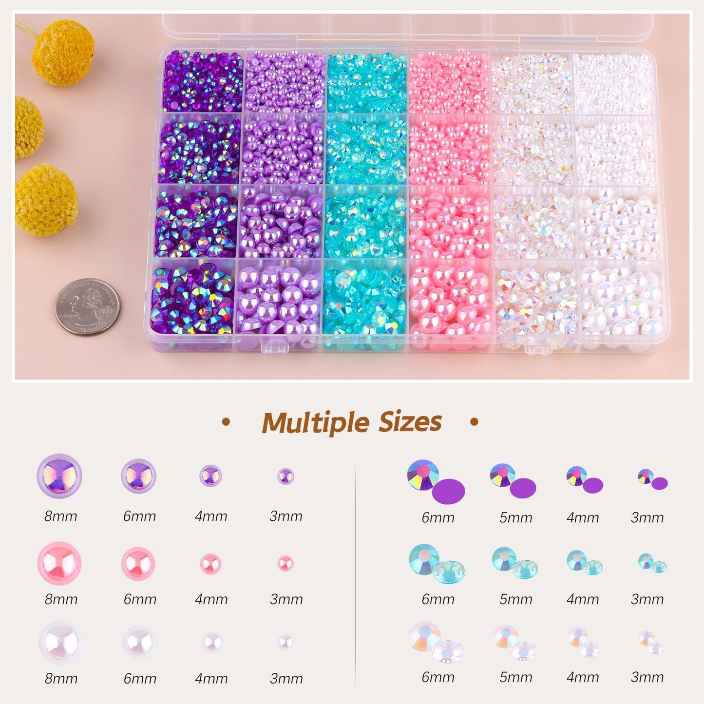 9000PCS Flatback Pearls and Rhinestones for Crafting, Pink Purple 3-10mm Resin Rhinestones and Half Pearls for Bedazzling, Nail Art and Dec with 3pcs B7000 Jewelry Glue, Tweezer and Pickup Pencil-Velvo Beauty