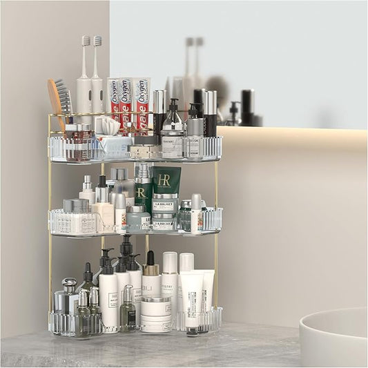 Makeup Organizer Countertop 3 Tier, Corner Bathroom Countertop Organizer with Toothbrush and Makeup Brush Holder, Corner Vanity Tray for Skincare Organization-Velvo Beauty
