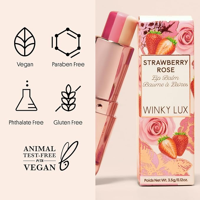 Winky Lux Strawberry Rose Tri-Color Tinted Lip Balm – Hydrating Lip Balm, Sheer Pink Tint, Lip Care with Jojoba Oil & Vitamin E, Moisturizes & Softens Dry Lips, Buttery Soft with Strawberry Rose Scent-Velvo Beauty