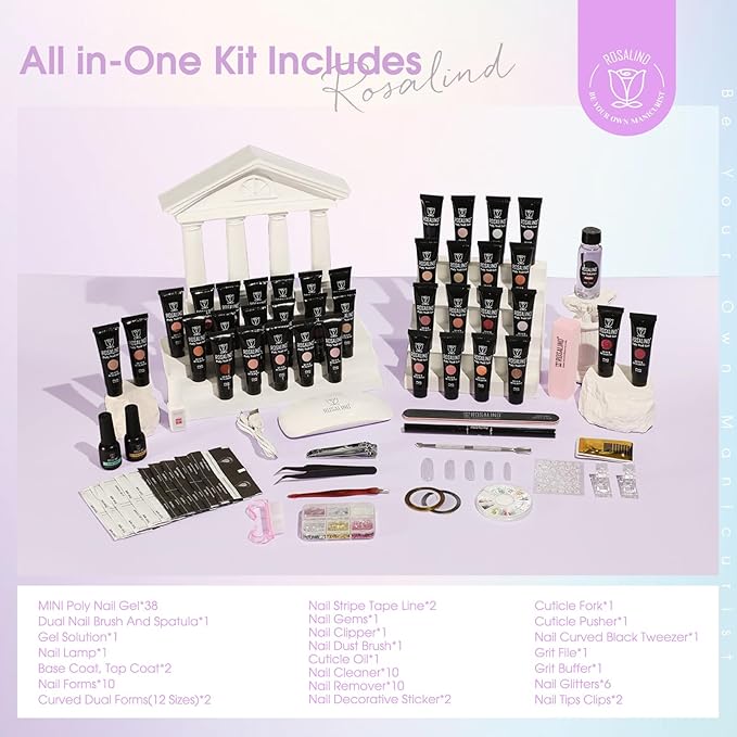 ROSALIND 38PCS Poly Nail Gel Kit with Mini Nail Lamp Glitter Brown Poly Extension Gels Kit Nude Pink Poly Gels Set-Velvo Beauty