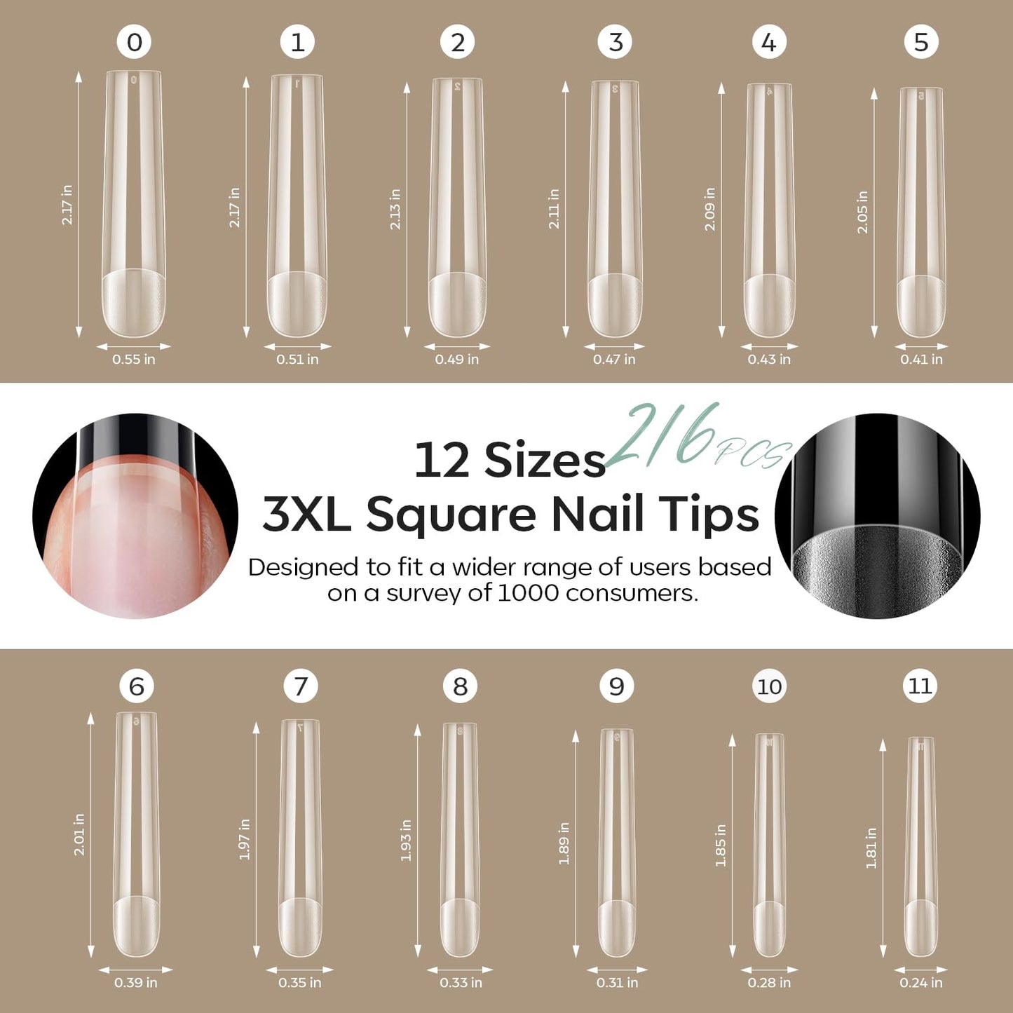modelones Long Square Nail Tips, 3XXXL Straight Pre-shaped Soft Gel Tips Fake Nails False Acrylic Clear Full Cover Press on Extension Kit Gel Manicure DIY at Home 216PCS 12Sizes-Velvo Beauty