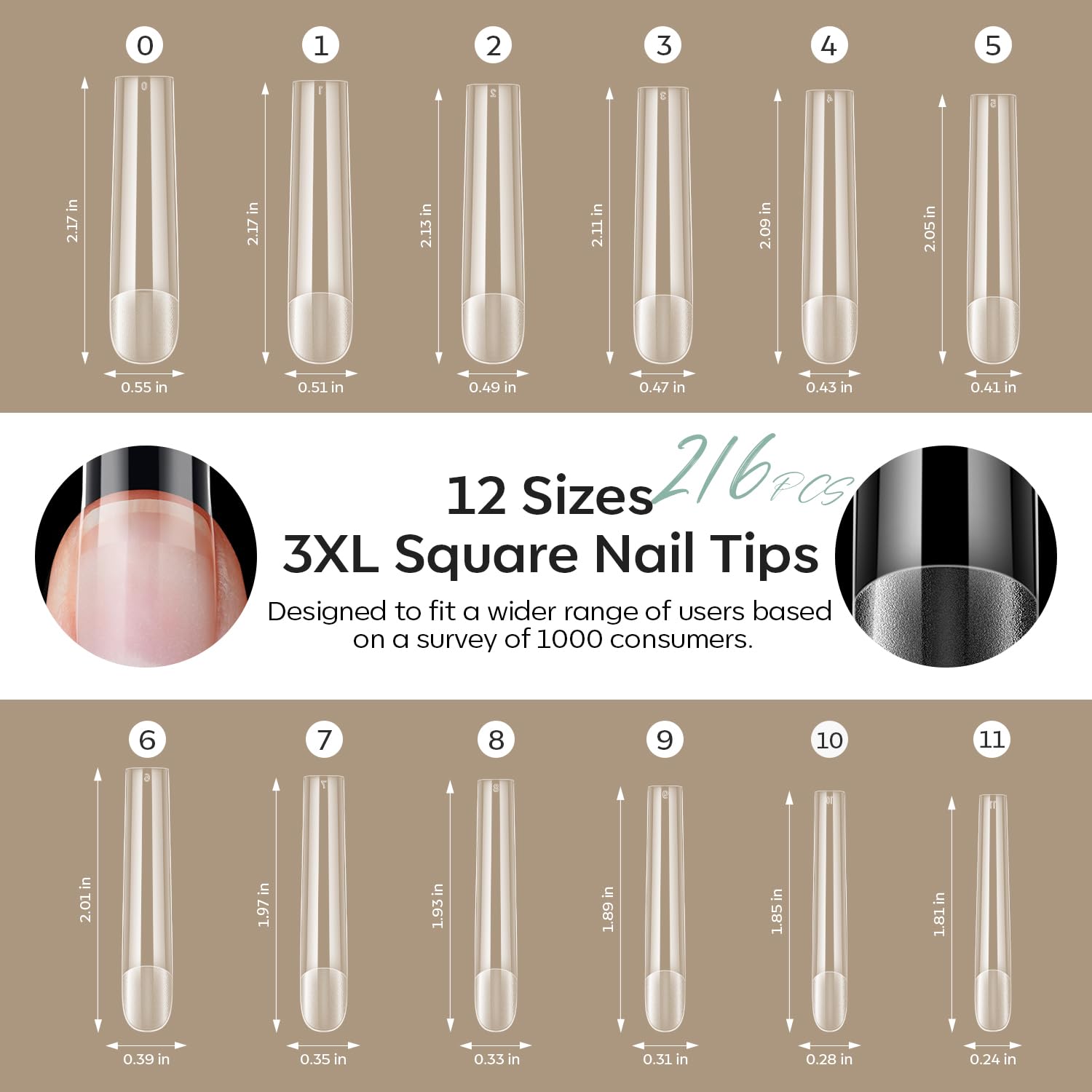 modelones Long Square Nail Tips, 3XXXL Straight Pre-shaped Soft Gel Tips Fake Nails False Acrylic Clear Full Cover Press on Extension Kit Gel Manicure DIY at Home 216PCS 12Sizes-Velvo Beauty