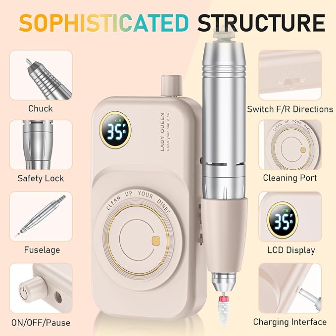 Portable Nail Drill Electric File: 35000RPM Professional Rechargeable Nail E File Machine,for Acrylic Nails Gel Polishing Removing, Cordless Efile with Bits Kit for Manicure Salon Home (Pink)-Velvo Beauty