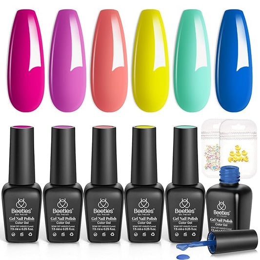 Beetles Gel Nail Polish Set, 6 Colors Bright Rainbow Nail Art Orange Blue Pink Green Neon Gel Polish Kit Soak Off UV Gel DIY Nail Art for Women Pool Party Holiday Manicure-Velvo Beauty