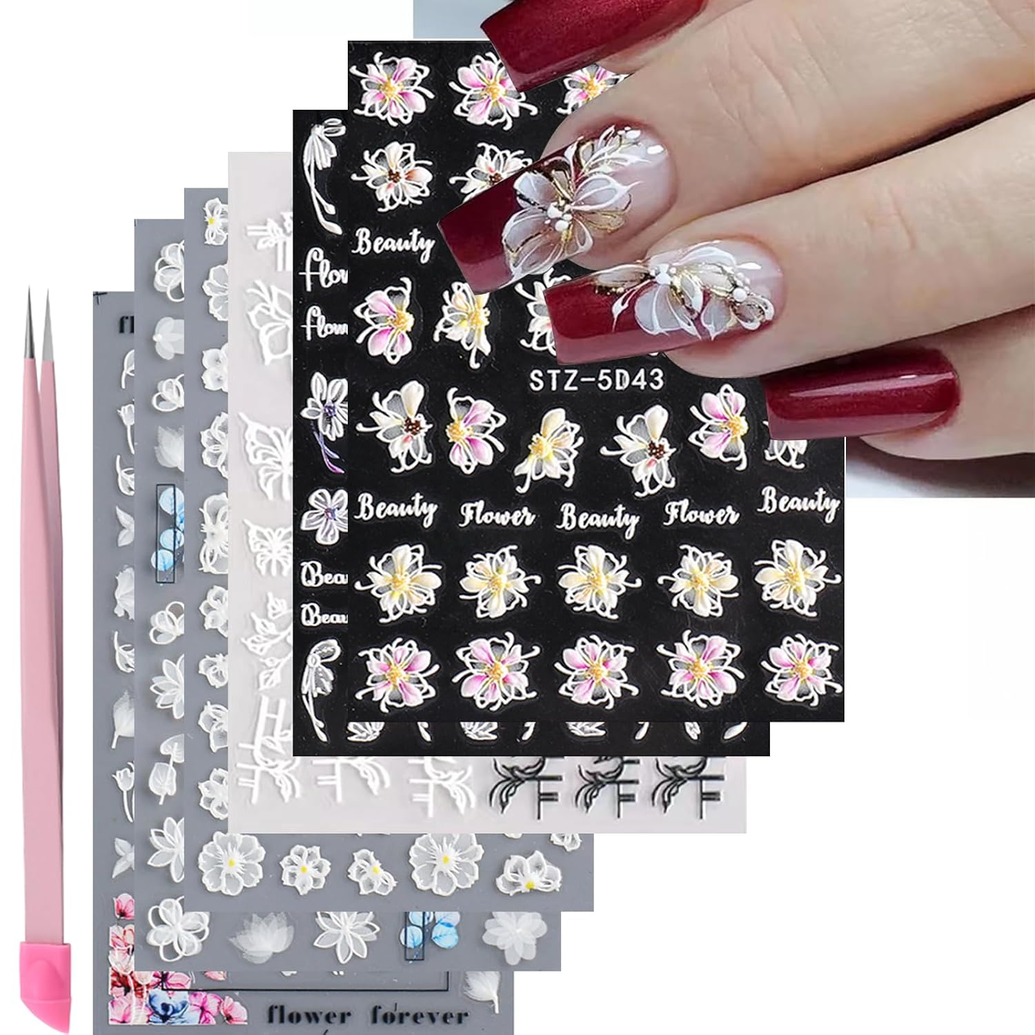 6 Sheets White Flower Nail Art Stickers Decals 5D Embossed Nail Decals Spring Winter Nails Art Self-Adhesive Supplies Accessories 3D Flower Stickers for Women Nails Design Decoration-Velvo Beauty