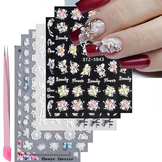 6 Sheets White Flower Nail Art Stickers Decals 5D Embossed Nail Decals Spring Winter Nails Art Self-Adhesive Supplies Accessories 3D Flower Stickers for Women Nails Design Decoration-Velvo Beauty