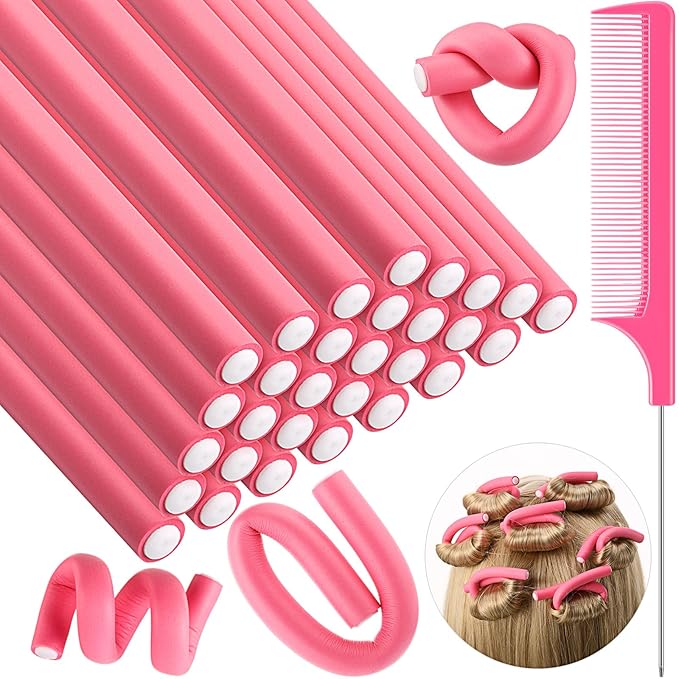 Syhood 30 Pcs 7'' Flexible Curling Rods Twist Foam Hair Rollers Soft Foam No Heat Hair Rods Rollers and 1 Steel Pintail Comb Rat Tail Comb for Women Long Short Hair(Pink,7 x 0.55 Inch)-Velvo Beauty